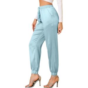 imageAllegra K Womens Satin Pants Drawstring Elastic Waist Straight Leg Ankle Length Dressy Joggers with PocketLight Blue