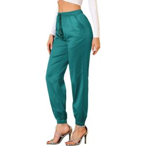 imageAllegra K Womens Satin Pants Drawstring Elastic Waist Straight Leg Ankle Length Dressy Joggers with PocketPeacock Blue