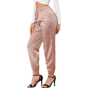 imageAllegra K Womens Satin Pants Drawstring Elastic Waist Straight Leg Ankle Length Dressy Joggers with PocketPink