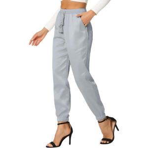 imageAllegra K Womens Satin Pants Drawstring Elastic Waist Straight Leg Ankle Length Dressy Joggers with PocketSilver