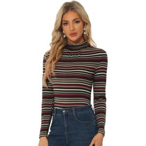 imageAllegra K Womens Striped Top Long Sleeve Casual Slim Turtleneck Fall Christmas Party Shirt 2025Black Striped