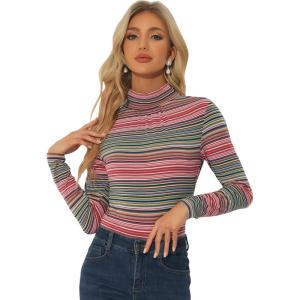imageAllegra K Womens Striped Top Long Sleeve Casual Slim Turtleneck Fall Christmas Party Shirt 2025Red Striped