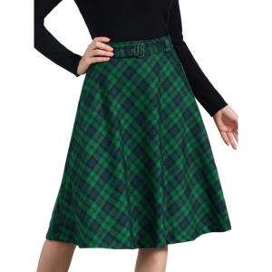 imageAllegra K Womens Tartan Plaid High Waist Belted Vintage ALine Midi SkirtDark Green