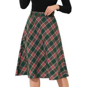 imageAllegra K Womens Tartan Plaid High Waist Belted Vintage ALine Midi SkirtGreen Red