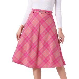 imageAllegra K Womens Tartan Plaid High Waist Belted Vintage ALine Midi SkirtHot Pink