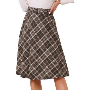 imageAllegra K Womens Tartan Plaid High Waist Belted Vintage ALine Midi SkirtKhaki