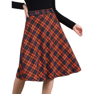 imageAllegra K Womens Tartan Plaid High Waist Belted Vintage ALine Midi SkirtOrange