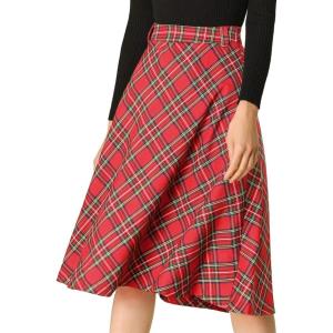 imageAllegra K Womens Tartan Plaid High Waist Belted Vintage ALine Midi SkirtRed