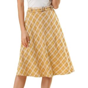 imageAllegra K Womens Tartan Plaid High Waist Belted Vintage ALine Midi SkirtYellow