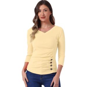imageAllegra K Womens V Neck Blouse 34 Sleeves Solid Knitted Buttons Decor Ruched TopApricot