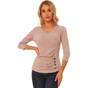 imageAllegra K Womens V Neck Blouse 34 Sleeves Solid Knitted Buttons Decor Ruched TopBeige Pink