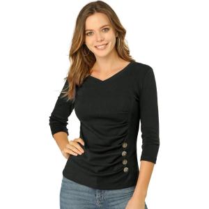 imageAllegra K Womens V Neck Blouse 34 Sleeves Solid Knitted Buttons Decor Ruched TopBlack