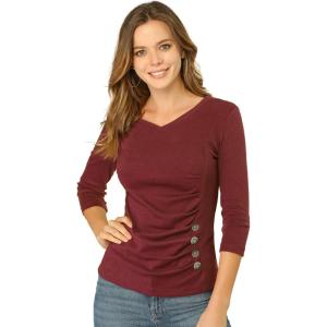 imageAllegra K Womens V Neck Blouse 34 Sleeves Solid Knitted Buttons Decor Ruched TopBurgundy