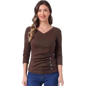 imageAllegra K Womens V Neck Blouse 34 Sleeves Solid Knitted Buttons Decor Ruched TopCoffee Brown