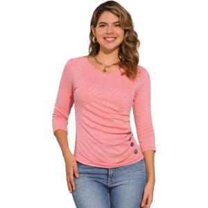 imageAllegra K Womens V Neck Blouse 34 Sleeves Solid Knitted Buttons Decor Ruched TopCoral Pink