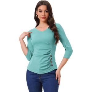 imageAllegra K Womens V Neck Blouse 34 Sleeves Solid Knitted Buttons Decor Ruched TopDark Cyan