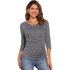 imageAllegra K Womens V Neck Blouse 34 Sleeves Solid Knitted Buttons Decor Ruched TopDark Grey