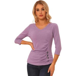 imageAllegra K Womens V Neck Blouse 34 Sleeves Solid Knitted Buttons Decor Ruched TopGray Purple