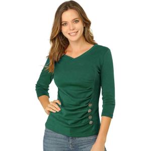 imageAllegra K Womens V Neck Blouse 34 Sleeves Solid Knitted Buttons Decor Ruched TopGreen