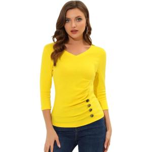 imageAllegra K Womens V Neck Blouse 34 Sleeves Solid Knitted Buttons Decor Ruched TopLemon Yellow