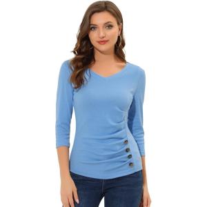 imageAllegra K Womens V Neck Blouse 34 Sleeves Solid Knitted Buttons Decor Ruched TopLight Blue