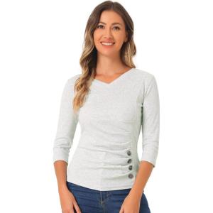 imageAllegra K Womens V Neck Blouse 34 Sleeves Solid Knitted Buttons Decor Ruched TopLight Gray