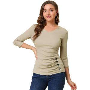 imageAllegra K Womens V Neck Blouse 34 Sleeves Solid Knitted Buttons Decor Ruched TopLight Khaki