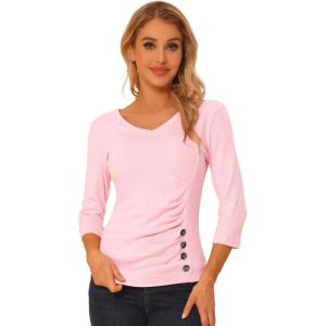 imageAllegra K Womens V Neck Blouse 34 Sleeves Solid Knitted Buttons Decor Ruched TopLight Pink
