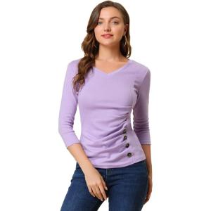 imageAllegra K Womens V Neck Blouse 34 Sleeves Solid Knitted Buttons Decor Ruched TopLight Purple