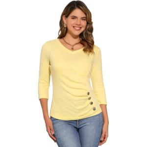 imageAllegra K Womens V Neck Blouse 34 Sleeves Solid Knitted Buttons Decor Ruched TopLight Yellow