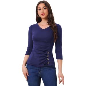 imageAllegra K Womens V Neck Blouse 34 Sleeves Solid Knitted Buttons Decor Ruched TopNavy Blue