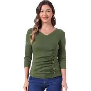 imageAllegra K Womens V Neck Blouse 34 Sleeves Solid Knitted Buttons Decor Ruched TopOlive Green