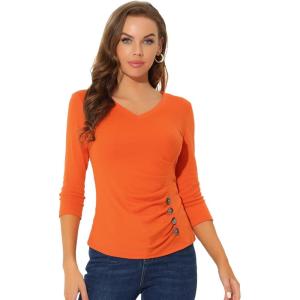 imageAllegra K Womens V Neck Blouse 34 Sleeves Solid Knitted Buttons Decor Ruched TopOrange