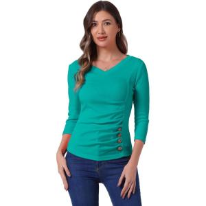 imageAllegra K Womens V Neck Blouse 34 Sleeves Solid Knitted Buttons Decor Ruched TopPeacock Blue