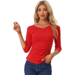 imageAllegra K Womens V Neck Blouse 34 Sleeves Solid Knitted Buttons Decor Ruched TopRed