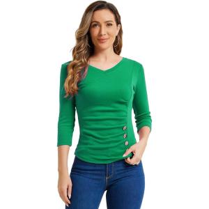 imageAllegra K Womens V Neck Blouse 34 Sleeves Solid Knitted Buttons Decor Ruched TopShamrock Green