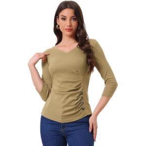 imageAllegra K Womens V Neck Blouse 34 Sleeves Solid Knitted Buttons Decor Ruched TopTan
