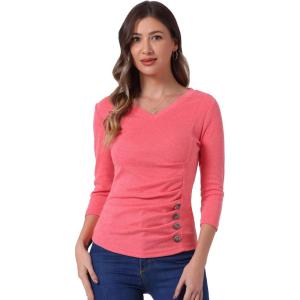imageAllegra K Womens V Neck Blouse 34 Sleeves Solid Knitted Buttons Decor Ruched TopWatermelon Red