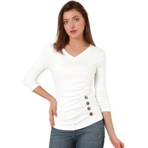 imageAllegra K Womens V Neck Blouse 34 Sleeves Solid Knitted Buttons Decor Ruched TopWhite