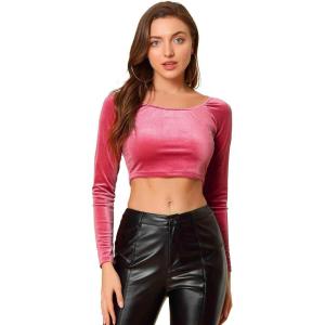 imageAllegra K Womens Velvet Long Sleeve Off Shoulder Solid Crop TopFushcia