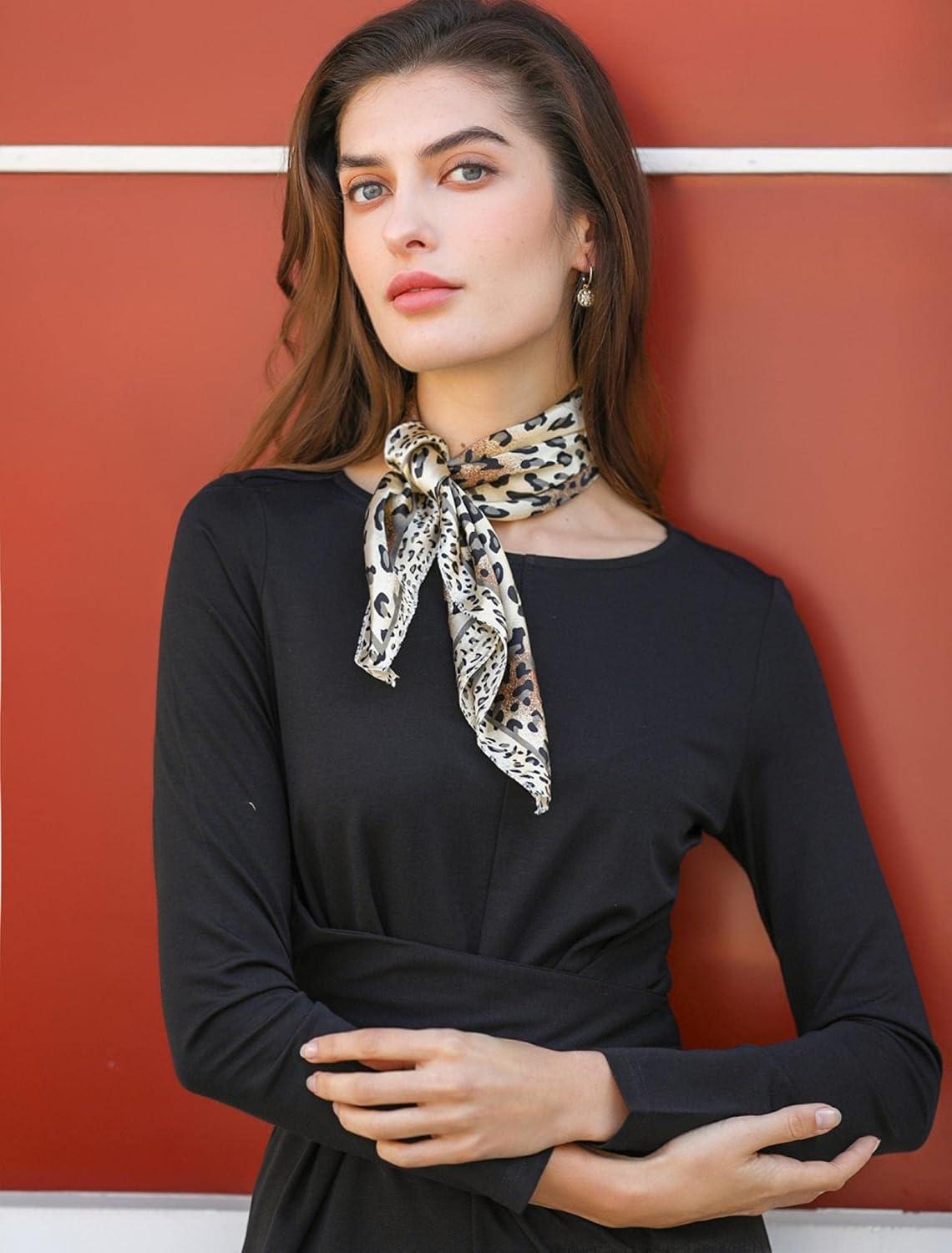 imageuxcell Women Small Square Scarf Scarves Leopard Printed Striped Polka Dots Pattern Kerchief NeckerchiefGold Leopard