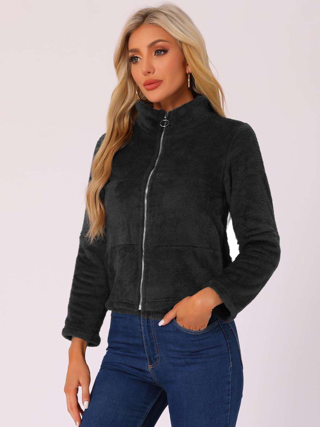 imageAllegra K Cropped Fleece Jacket for Womens Zip Up Faux Fur JacketBlack