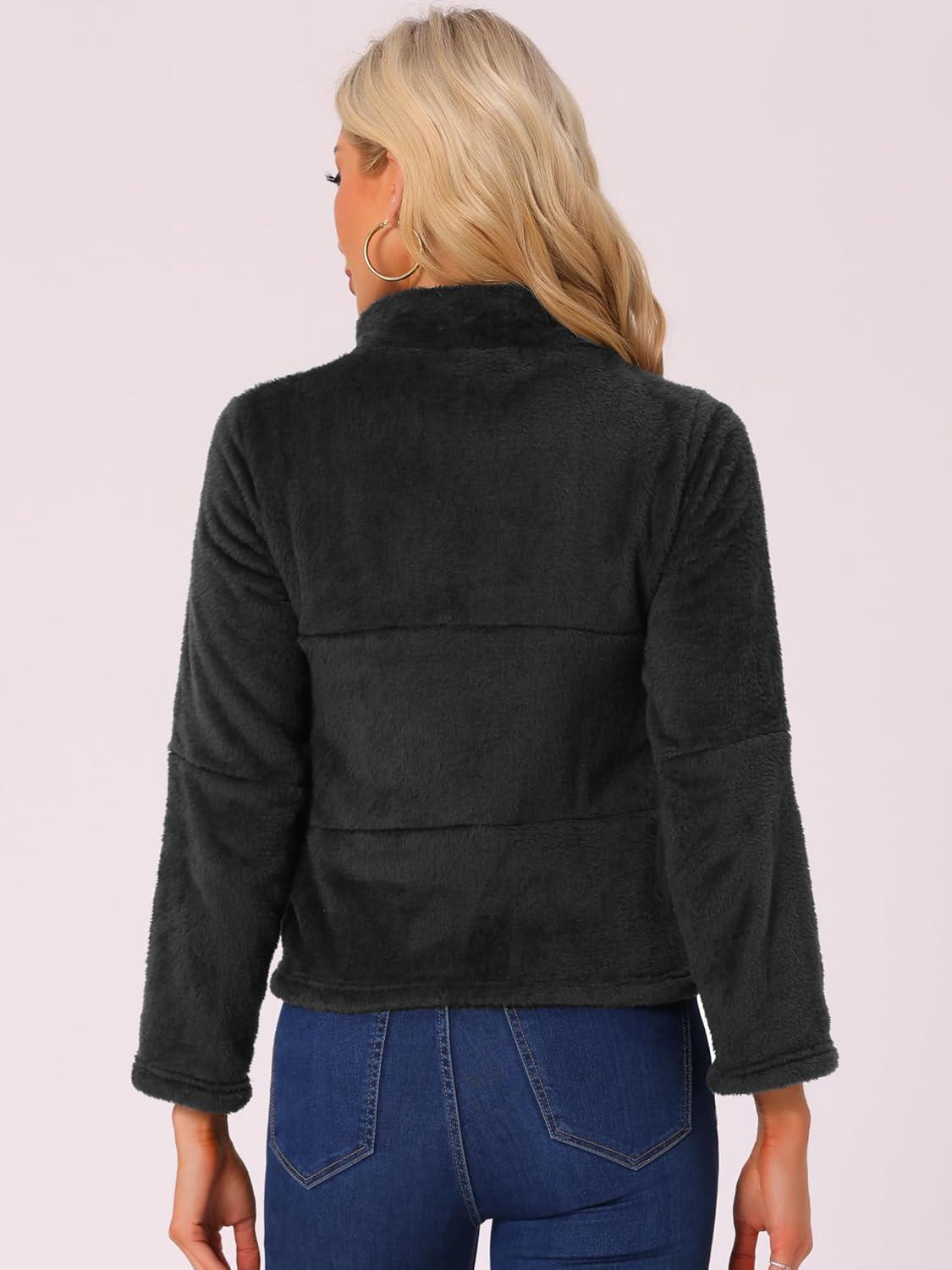 imageAllegra K Cropped Fleece Jacket for Womens Zip Up Faux Fur JacketBlack