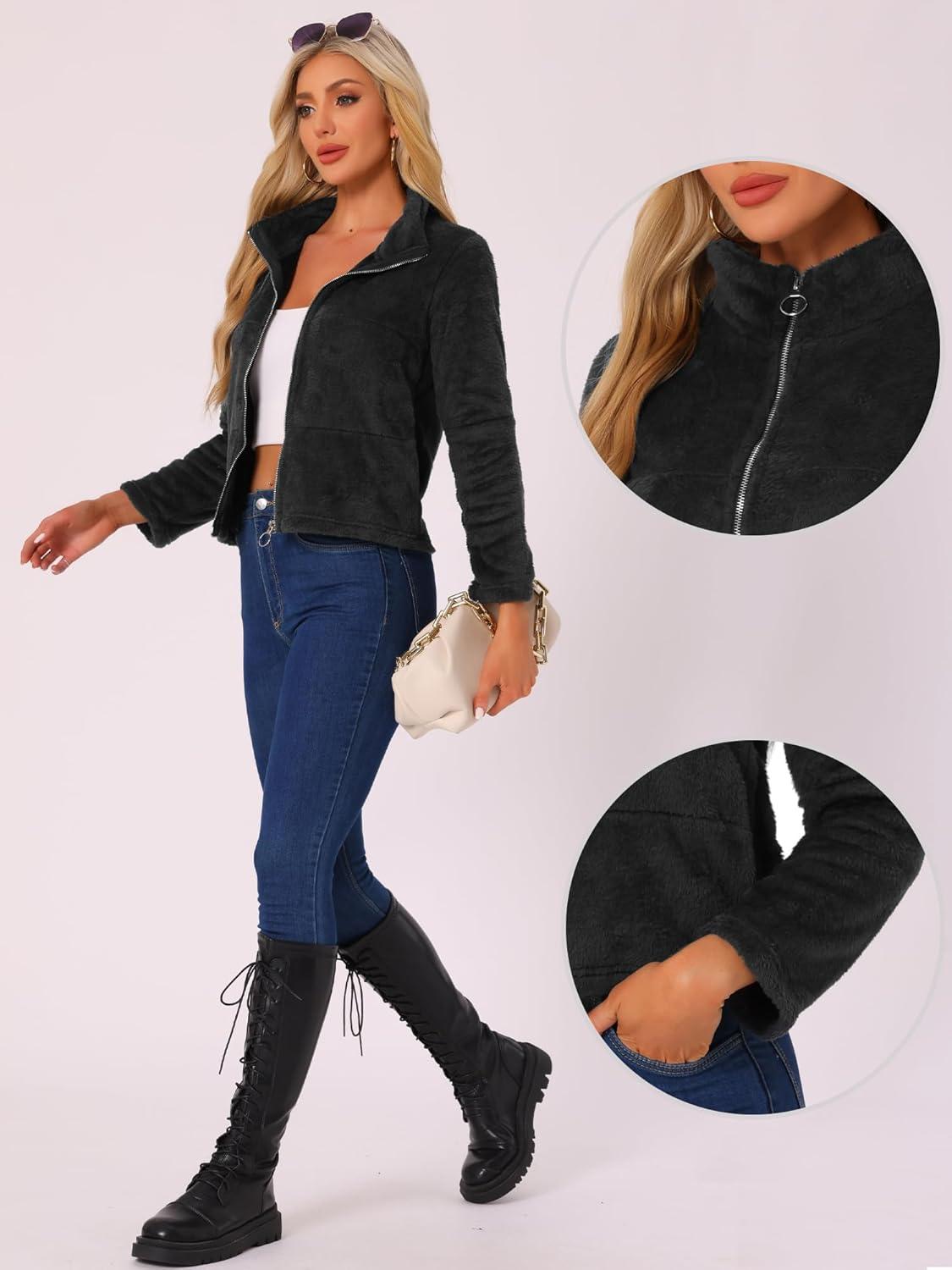 imageAllegra K Cropped Fleece Jacket for Womens Zip Up Faux Fur JacketBlack