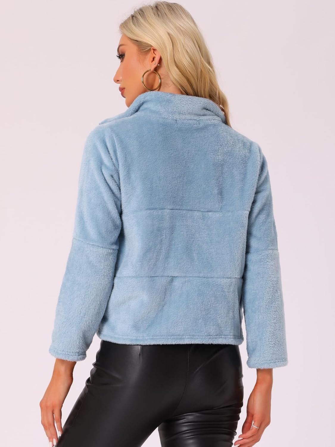 imageAllegra K Cropped Fleece Jacket for Womens Zip Up Faux Fur JacketBlue