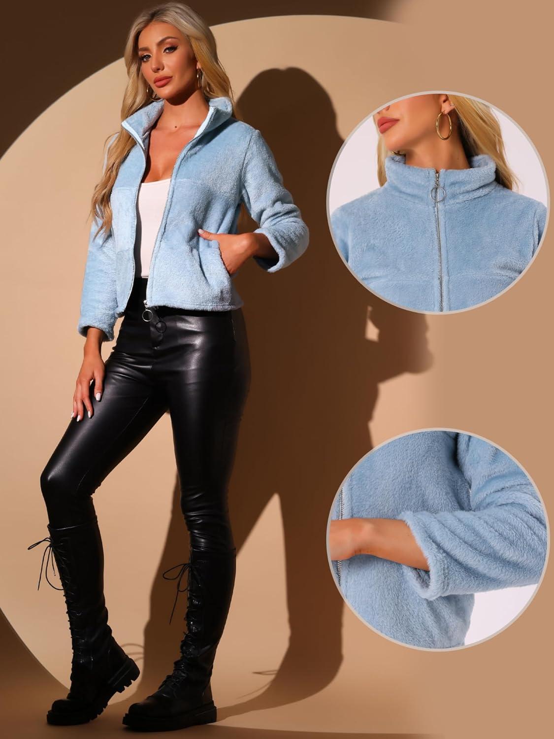 imageAllegra K Cropped Fleece Jacket for Womens Zip Up Faux Fur JacketBlue