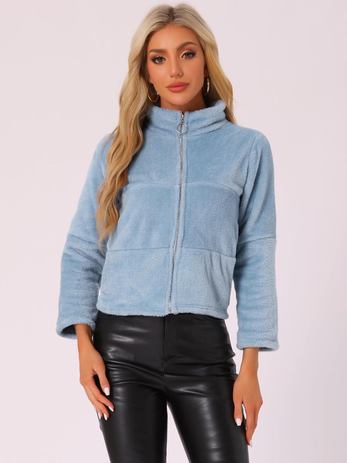 imageAllegra K Cropped Fleece Jacket for Womens Zip Up Faux Fur JacketBlue