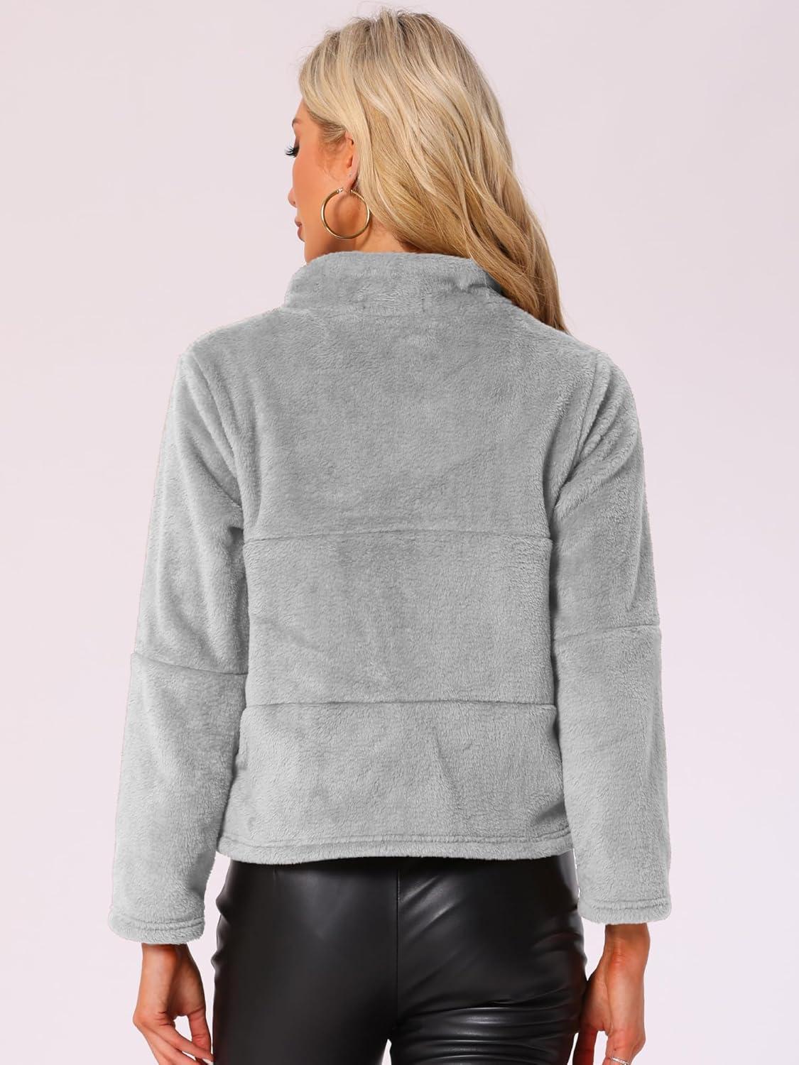 imageAllegra K Cropped Fleece Jacket for Womens Zip Up Faux Fur JacketGrey