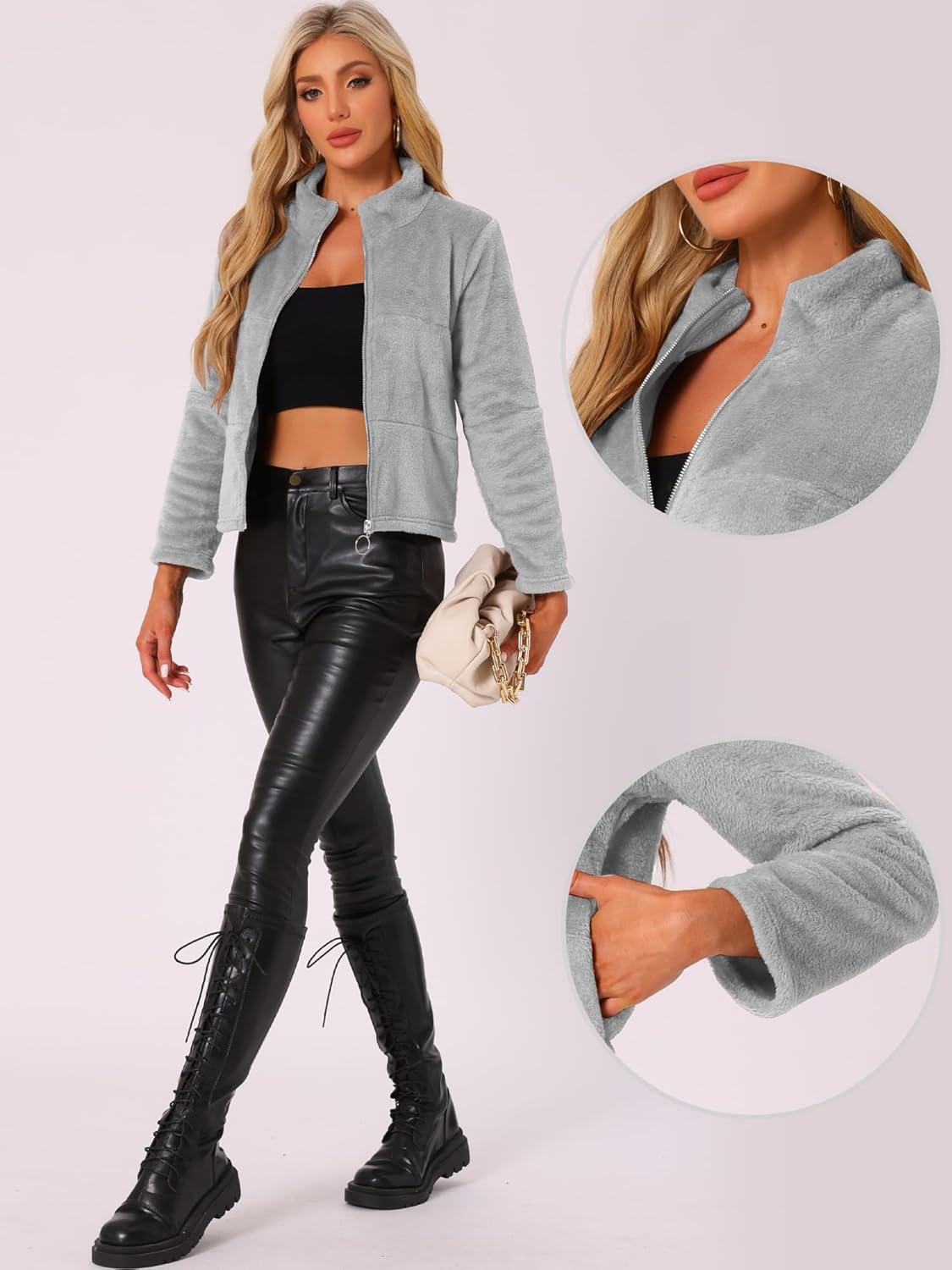 imageAllegra K Cropped Fleece Jacket for Womens Zip Up Faux Fur JacketGrey