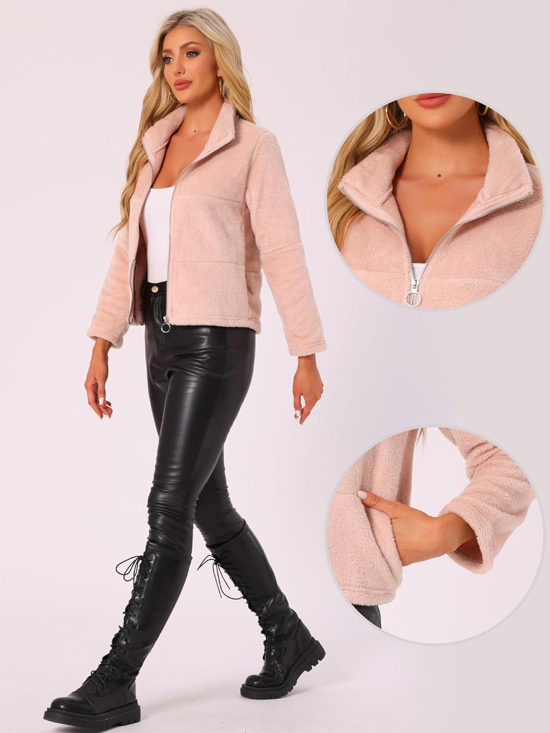 imageAllegra K Cropped Fleece Jacket for Womens Zip Up Faux Fur JacketPink